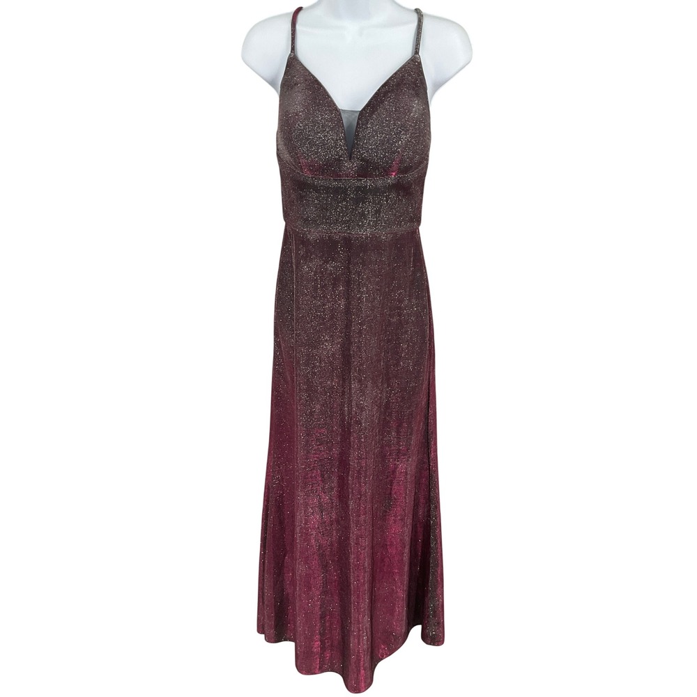 Morgan & Co Gown Women 3 Purple Metallic Shimmer Criss Cross Back Formal Vintage